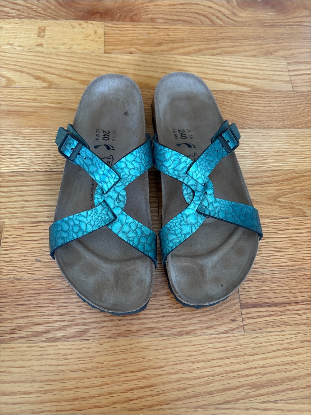 Birkenstock “Sylt “ Teal Metallic Crisscross Sandals